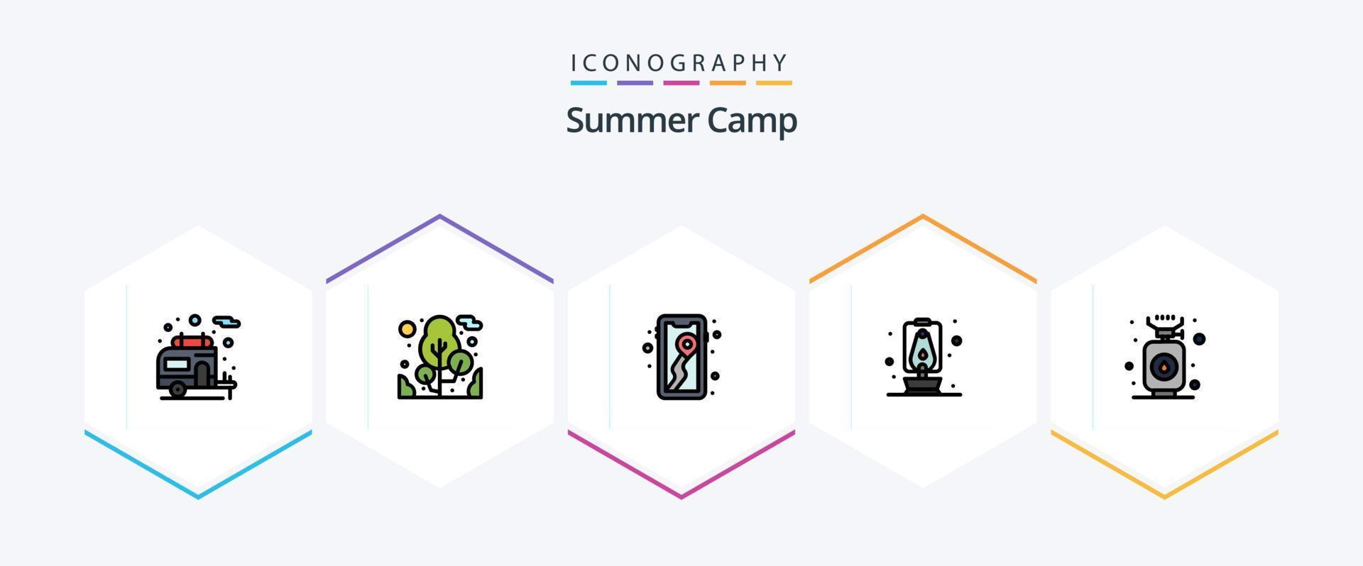 acampamento de verão 25 pacote de ícones de linha preenchida, incluindo . gás. mapa. cozinhar. viagem vetor