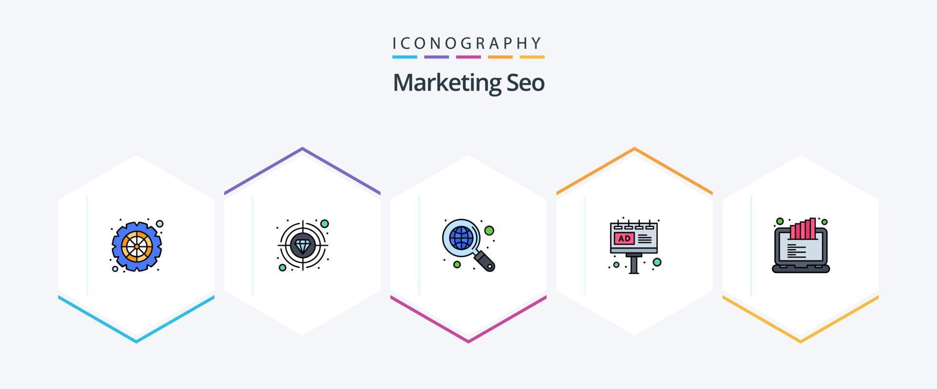 marketing seo 25 pacote de ícones de linha preenchida, incluindo classificação lcd. Painel publicitário. global. anúncio. de Anúncios vetor