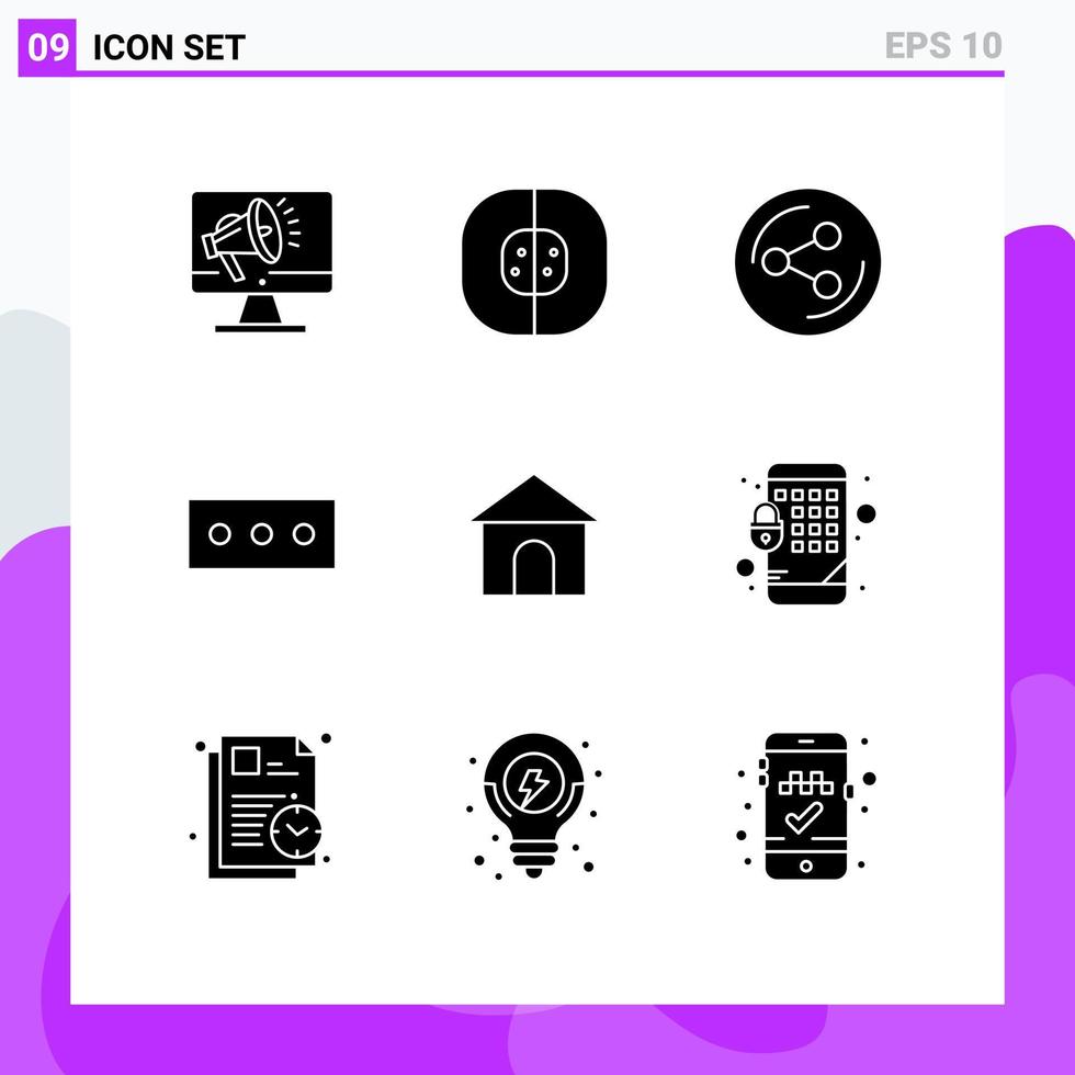 grupo de 9 glifos sólidos modernos definidos para construção de casas, química, segurança social, elementos de design de vetores editáveis