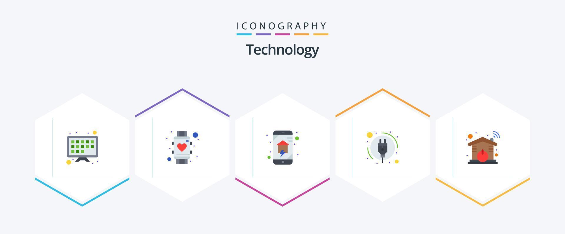 pacote de ícones planos de tecnologia 25, incluindo casa. poder. domésticos. plugue. Casa inteligente vetor