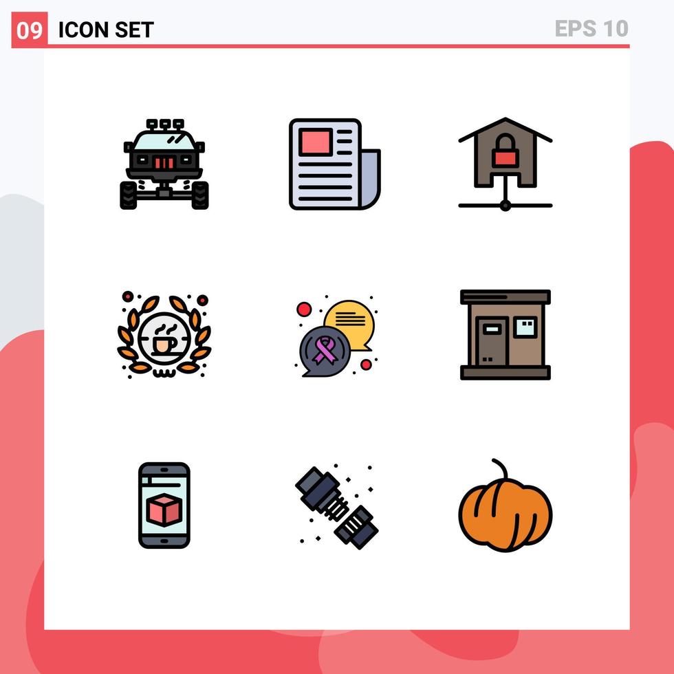 9 interface do usuário pacote de cores planas de linha cheia de sinais e símbolos modernos de folha de texto de café de sinal barista bloqueado elementos de design de vetor editável