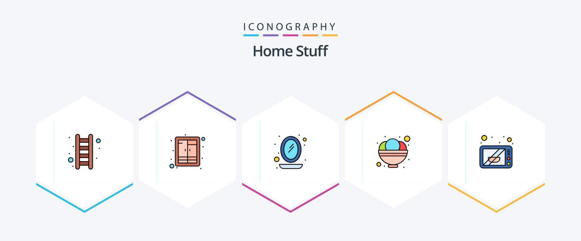 material doméstico 25 pacote de ícones de linha preenchida, incluindo microondas. gelo. interior. comida. tigela vetor