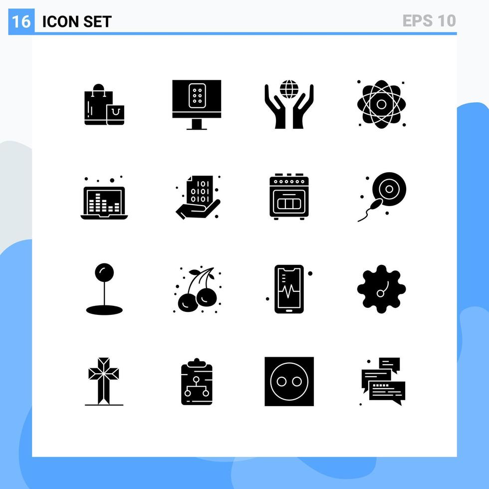 pacote de linha vetorial editável de 16 glifos sólidos simples de frequência de som laptop mãos molécula de energia elementos de design vetorial editáveis vetor