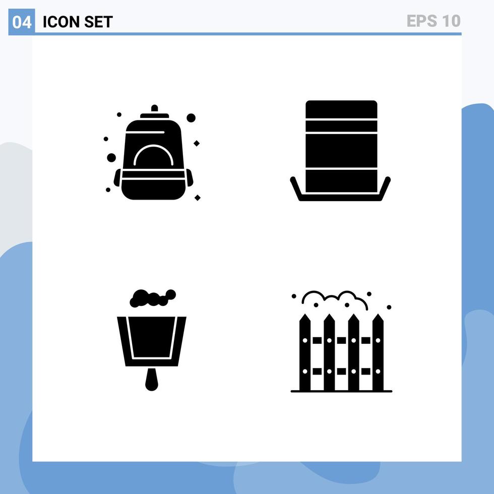 pacote de interface do usuário com 4 glifos sólidos básicos de mochila, pá de lixo, escola, elementos de design de vetores editáveis em casa