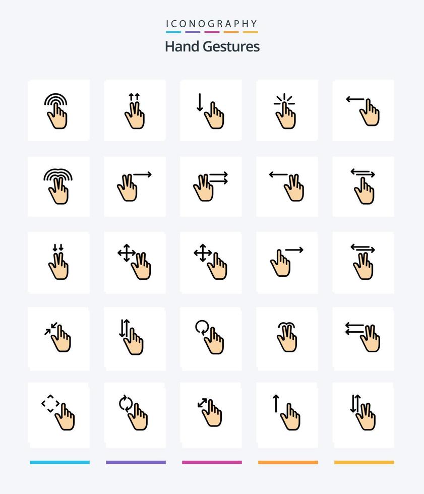 gestos de mão criativos pacote de ícones preenchidos com 25 linhas, como mão. gesto. abaixo. dedo. mão vetor