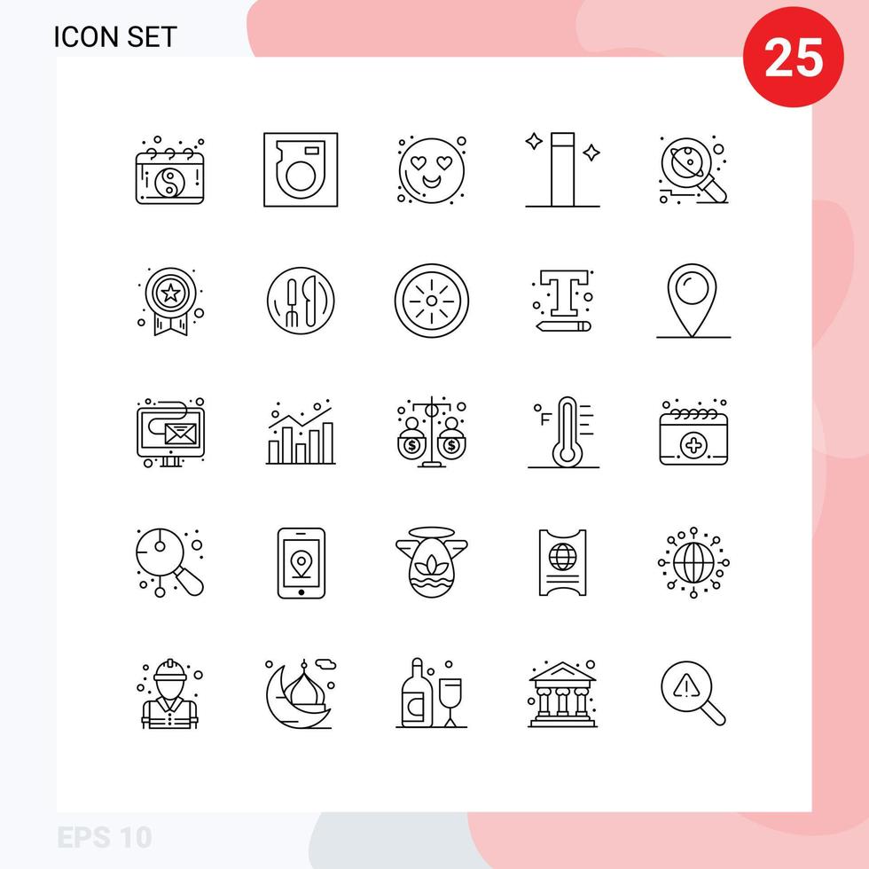 Pacote de linha de interface de usuário 25 de sinais e símbolos modernos de elementos de design de vetores editáveis de assistente de planeta de coração de pesquisa espacial
