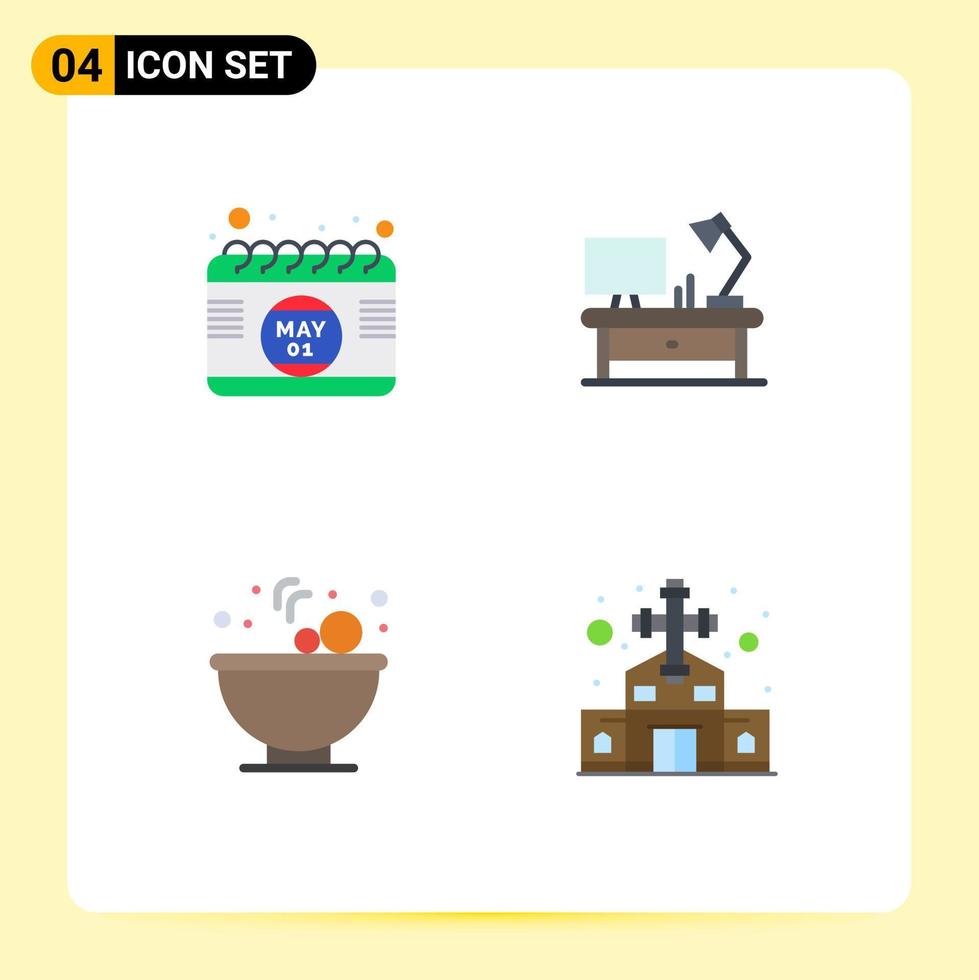pacote de 4 ícones planos criativos de calendário, hora da comida, mesa de escritório, construção de elementos de design vetorial editáveis vetor