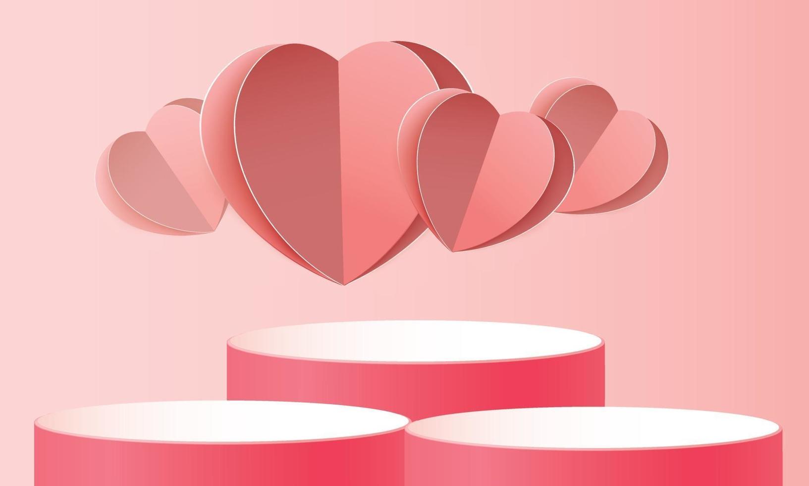 Fundo de produto vermelho pódio 3D para o dia dos namorados. rosa e coração amor romance conceito design ilustração vetorial ilustração decoração banner vetor