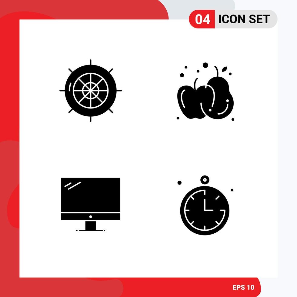 pacote de interface do usuário de 4 glifos sólidos básicos de monitor náutico, comida, comida, elementos de design vetorial editáveis imac vetor