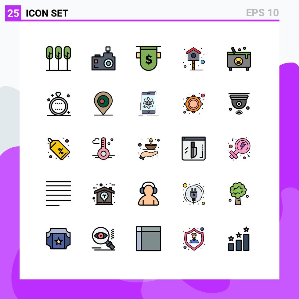 pacote de cores planas de linha cheia de 25 símbolos universais de fotografia de casa de caldeirão pássaro dólar editável elementos de design vetorial vetor