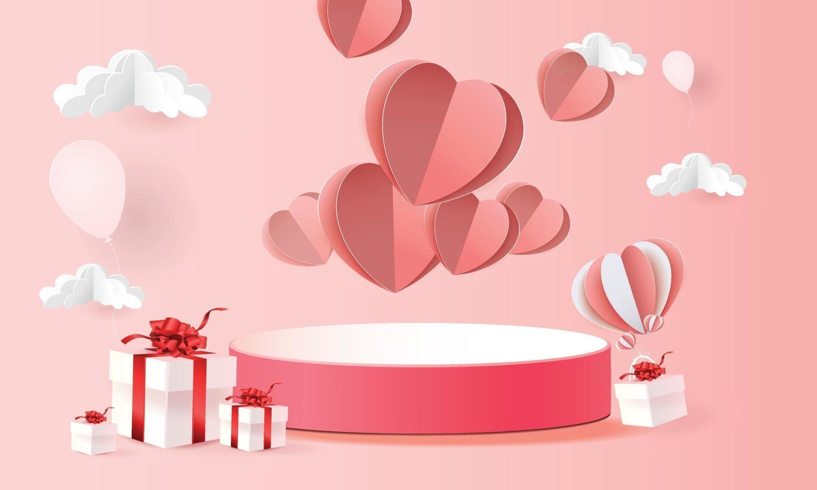 Fundo de produto vermelho pódio 3D para o dia dos namorados. rosa e coração amor romance conceito design ilustração vetorial ilustração decoração banner vetor