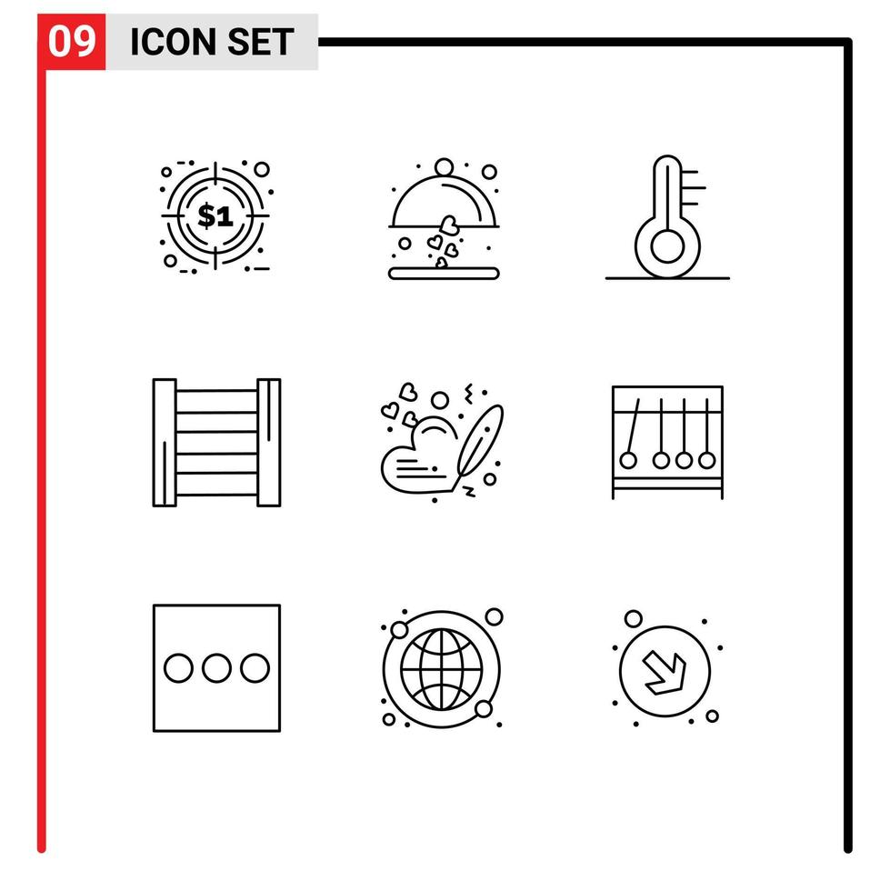 pacote de 9 sinais e símbolos de contornos modernos para mídia impressa na web, como casamento, temperatura, coração, escada, elementos de design vetorial editáveis vetor