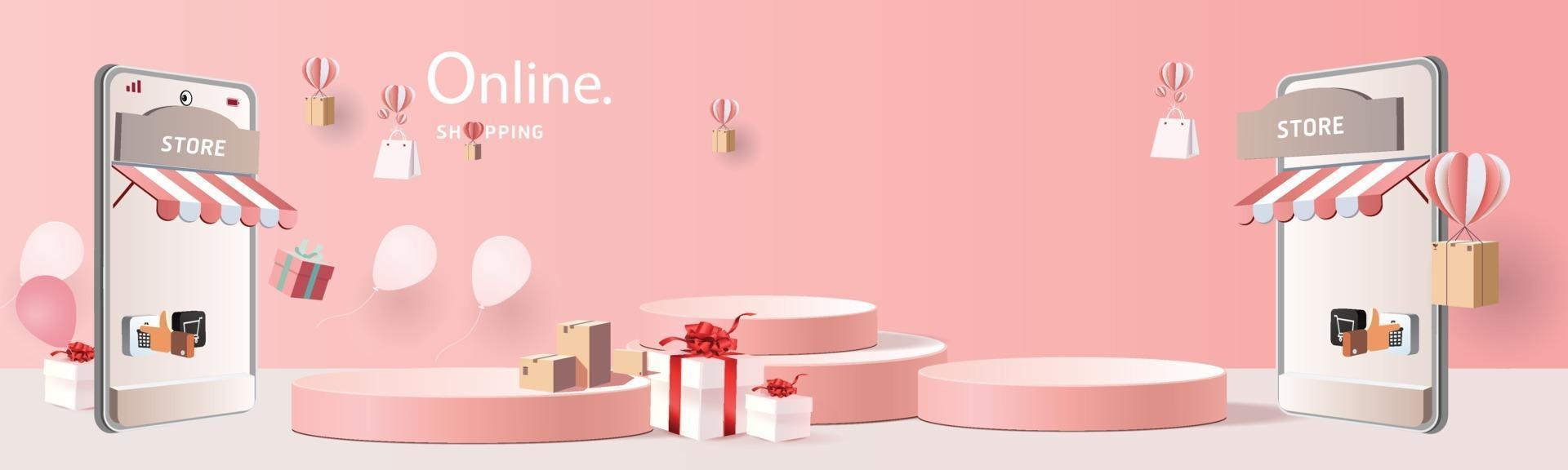 compras on-line no telefone com fundo rosa moderno de arte de papel pódio com vetor de ilustração de caixas de presente.