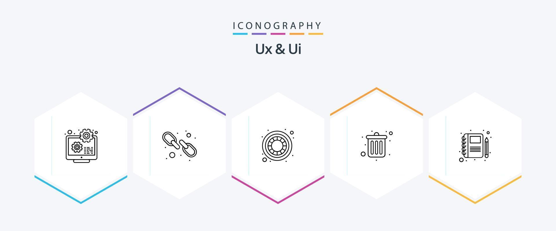 pacote de ícones de 25 linhas ux e ui, incluindo portfólio. excluir. link da web. escritório. negócios vetor