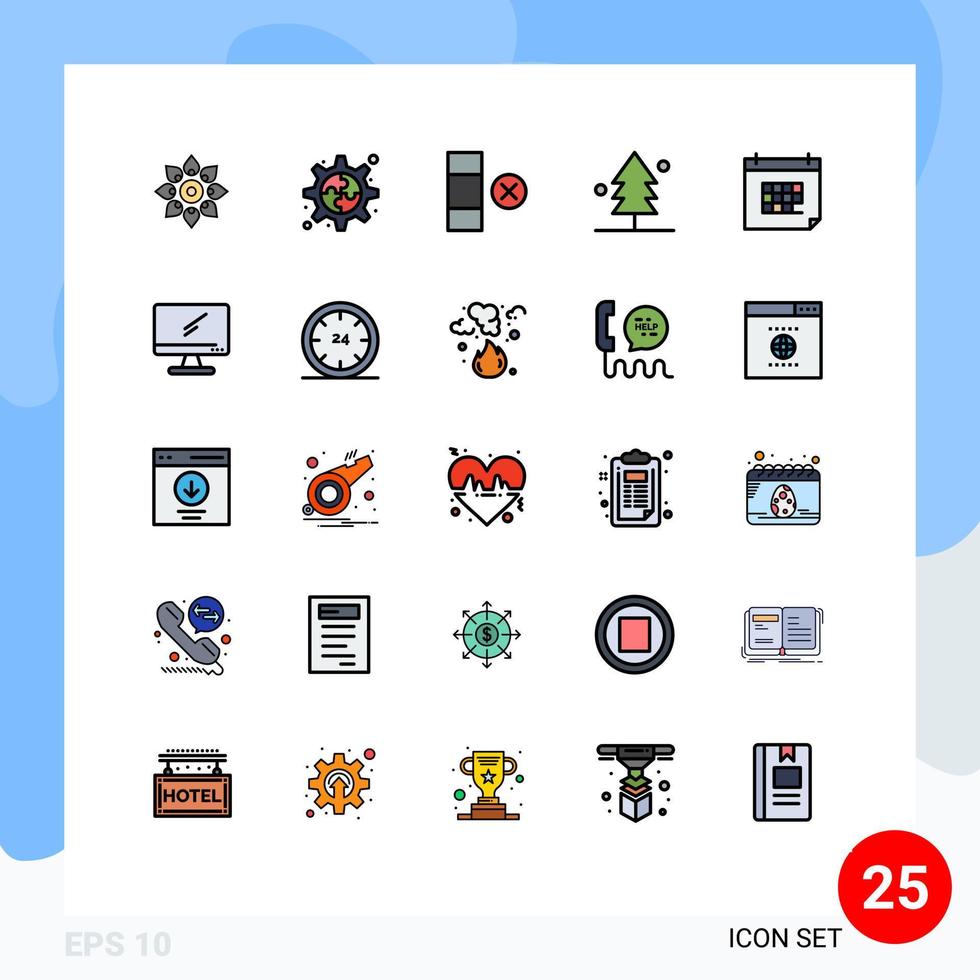 grupo de símbolos de ícone universal de 25 cores planas de linha preenchida moderna de engrenagem de árvore de calendário natureza floresta elementos de design de vetores editáveis