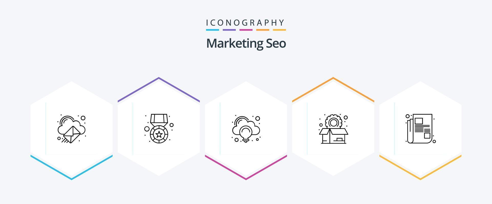 marketing seo 25 line icon pack incluindo carta. preferências. nuvem. pacote. caixa vetor