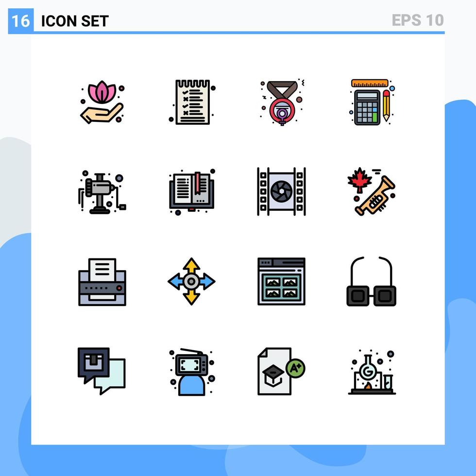 grupo de símbolos de ícone universal de 16 linhas preenchidas de cores planas modernas de ferramentas de cálculo de medalha de moedor de carne elementos de design de vetores criativos editáveis