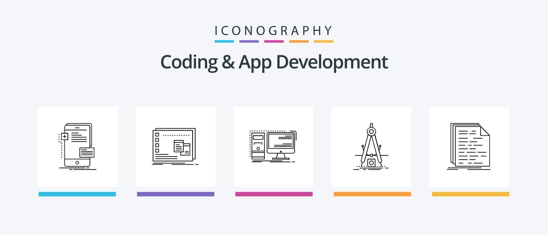 codificação e pacote de ícones da linha 5 de desenvolvimento de aplicativos, incluindo codificação. api. aplicativo. desenvolvedor. móvel. design de ícones criativos vetor