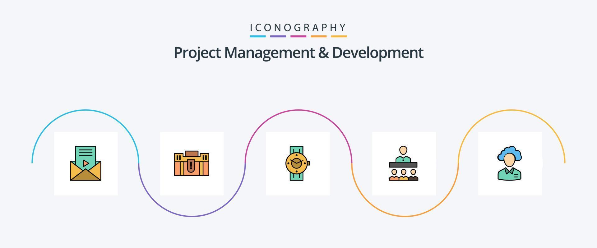 linha de gerenciamento e desenvolvimento de projetos preenchida com 5 ícones planos, incluindo equipe. android. portfólio. telefone. relógio inteligente vetor