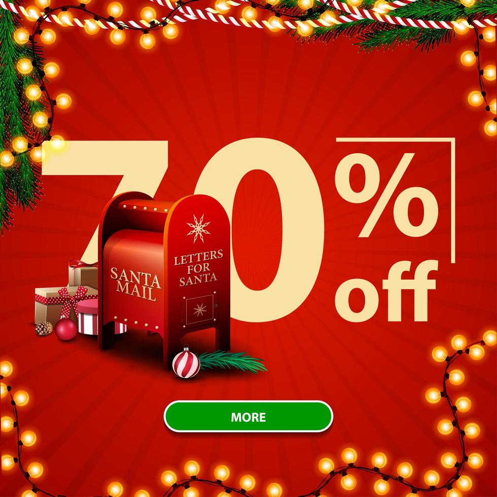 promoção de natal, desconto de até 70, banner vermelho de desconto com grandes números, botão, guirlanda e caixa de correio do papai noel com presentes vetor