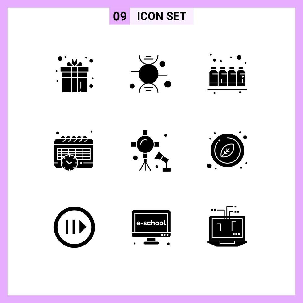 9 glifos sólidos universais definidos para web e aplicativos móveis programação de iluminação calendário médico impressão elementos de design vetorial editáveis vetor