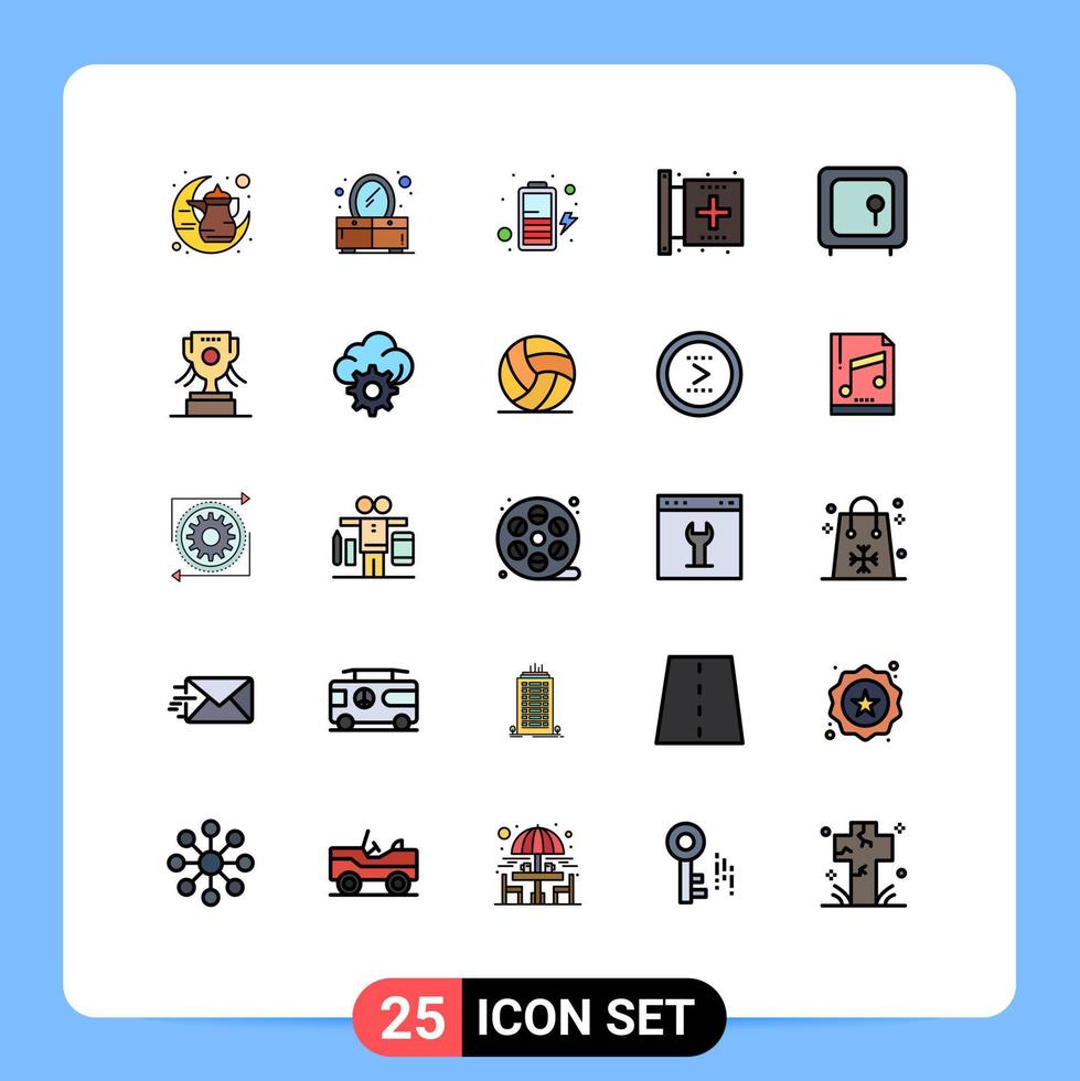 pacote de interface do usuário de 25 cores planas de linha preenchida básica de forma de bateria de saúde de caixa elementos de design de vetores editáveis de doença