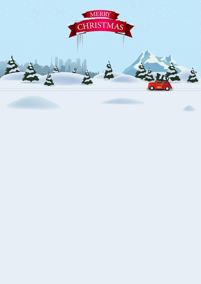 modelo vertical de natal para cartão postal ou desconto com floresta de  pinheiros de inverno, cidade de silhueta, montanha de neve e carro vintage  vermelho carregando árvore de natal 1929523 Vetor no