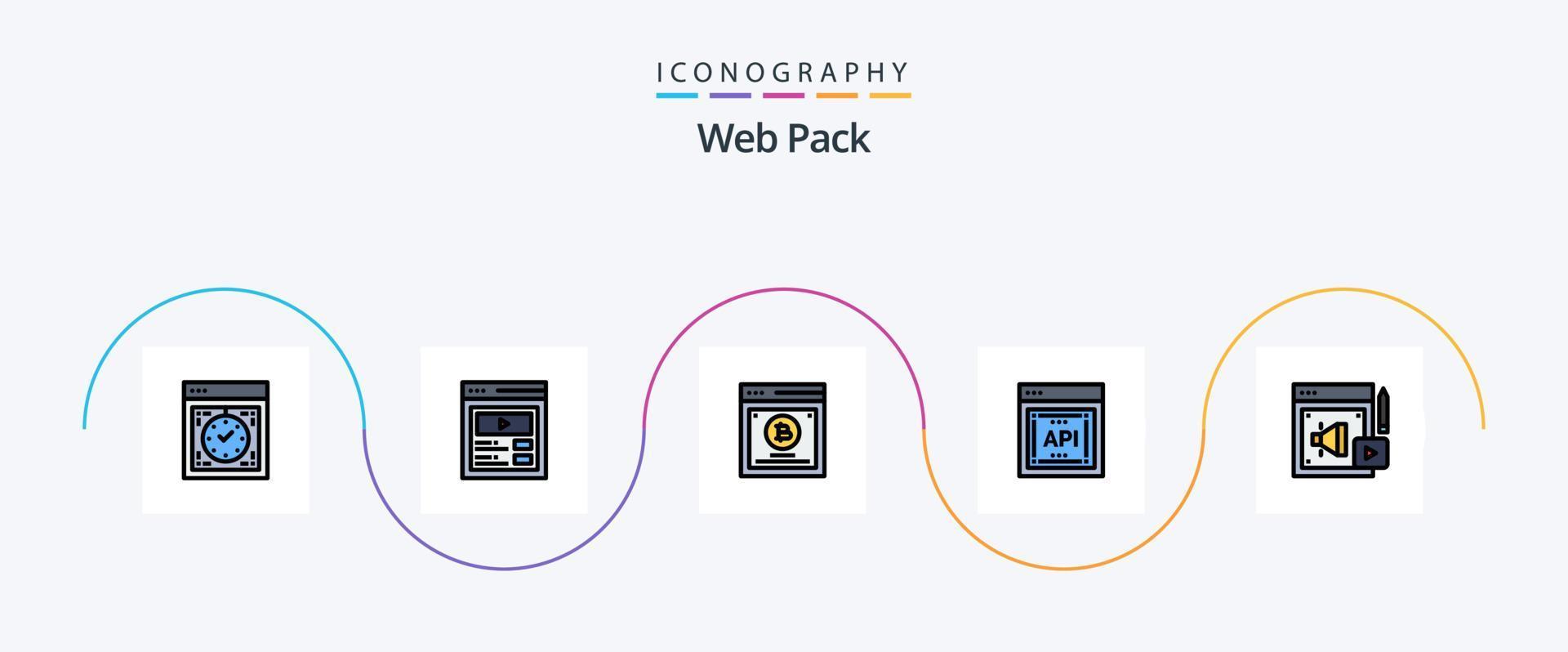 linha de pacote da web cheia de 5 ícones planos, incluindo web. interface do programador de aplicativos. rede. conceito de API. teste de divisão vetor