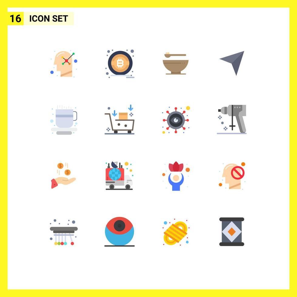 conjunto de pictogramas de 16 cores planas simples de copo de publicidade por e-mail, marcador de copo de café de cozinha, pacote editável de elementos de design de vetores criativos