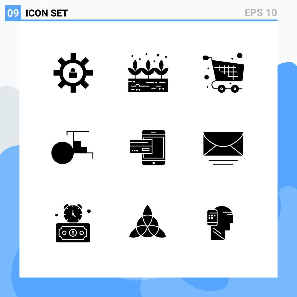 pacote de 9 sinais e símbolos de glifos sólidos modernos para mídia impressa na web, como pagamento bancário, veículos de compras, riquixá, elementos de design vetorial editáveis vetor