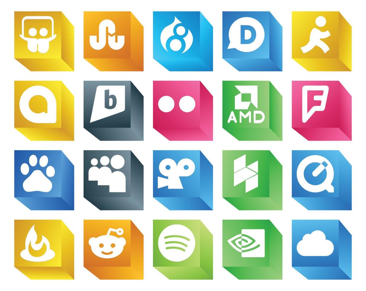 20 pacotes de ícones de mídia social, incluindo spotify feedburner amd quicktime viddler vetor