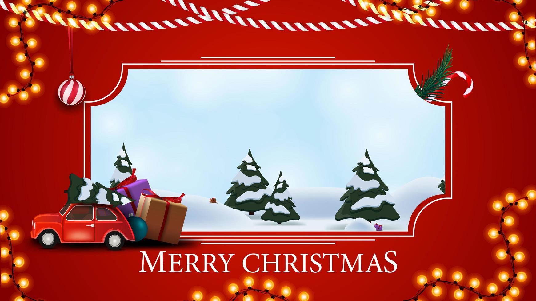 Feliz Natal, cartão postal vermelho com paisagem de desenho animado de inverno, guirlanda e carro vintage vermelho carregando árvore de Natal vetor