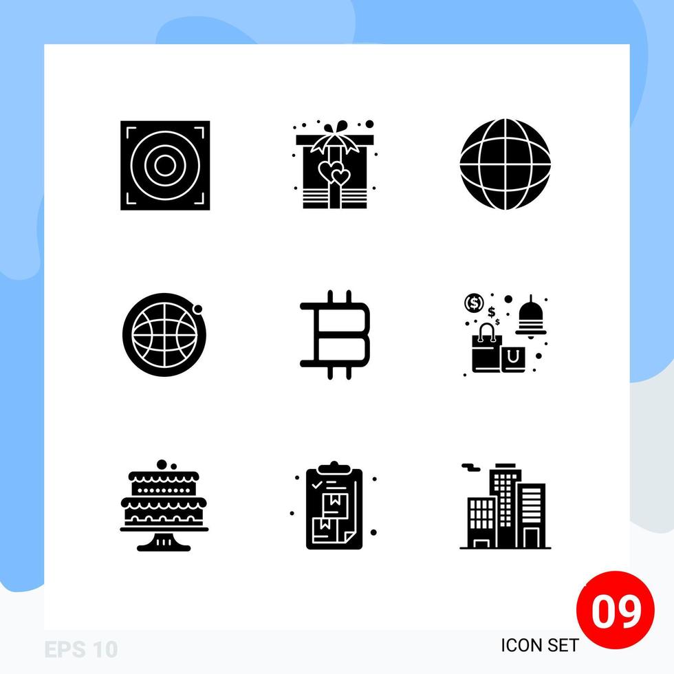 grupo de 9 glifos sólidos modernos definidos para sinal de notificação internet dinheiro mundo editável elementos de design vetorial vetor