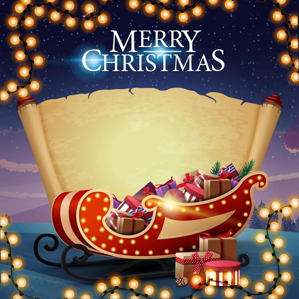 feliz natal, cartão postal com o velho pergaminho em branco, bela paisagem ao fundo e trenó de Papai Noel com presentes vetor