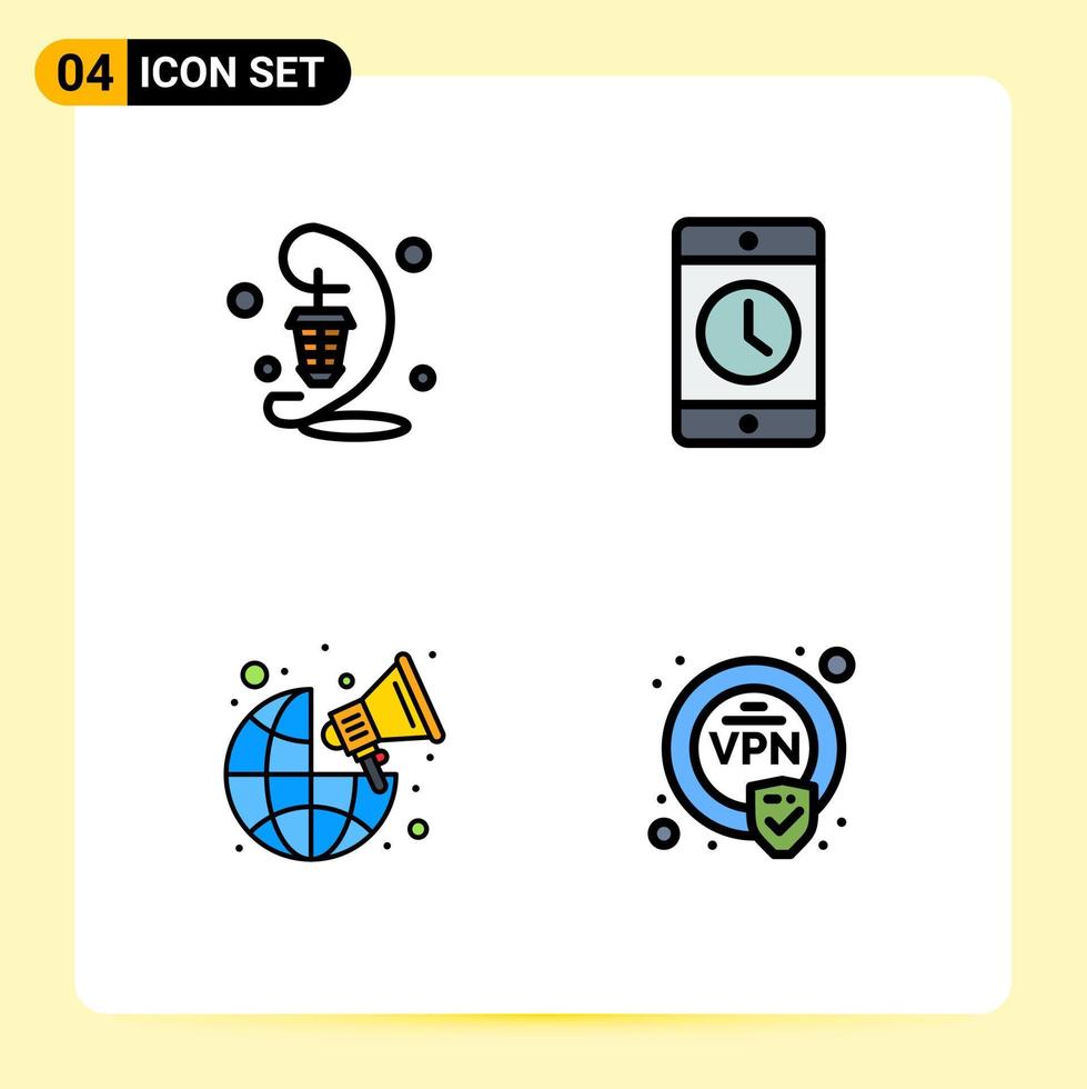 conjunto de cores planas de linha preenchida de interface móvel de 4 pictogramas de dispositivos de lâmpada de smartphone de lanterna elementos de design de vetores editáveis globais