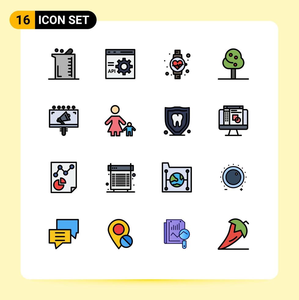 16 interface de usuário pacote de linha cheia de cores planas de sinais e símbolos modernos de desenvolvimento de árvore de propaganda batida de coração de verão editáveis elementos de design de vetores criativos
