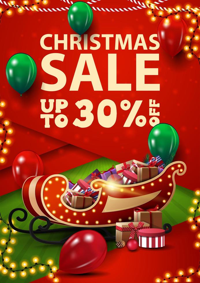 promoção de natal, até 30 de desconto, banner vertical vermelho e verde com desconto em estilo material design com balões e trenó de Papai Noel com presentes vetor