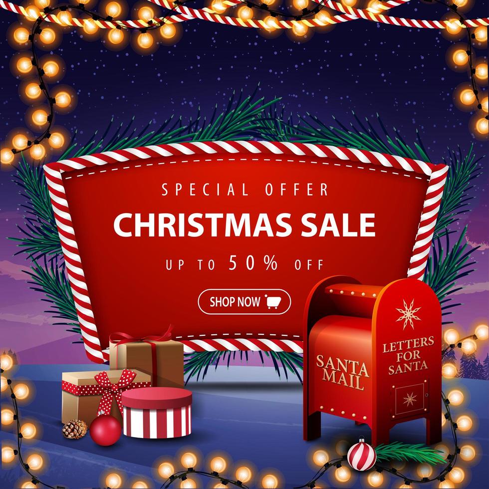 oferta especial, liquidação de natal, desconto de até 50, banner vermelho de desconto com galhos de árvores de natal, guirlanda, paisagem de inverno no fundo e caixa de correio do papai noel com presentes vetor