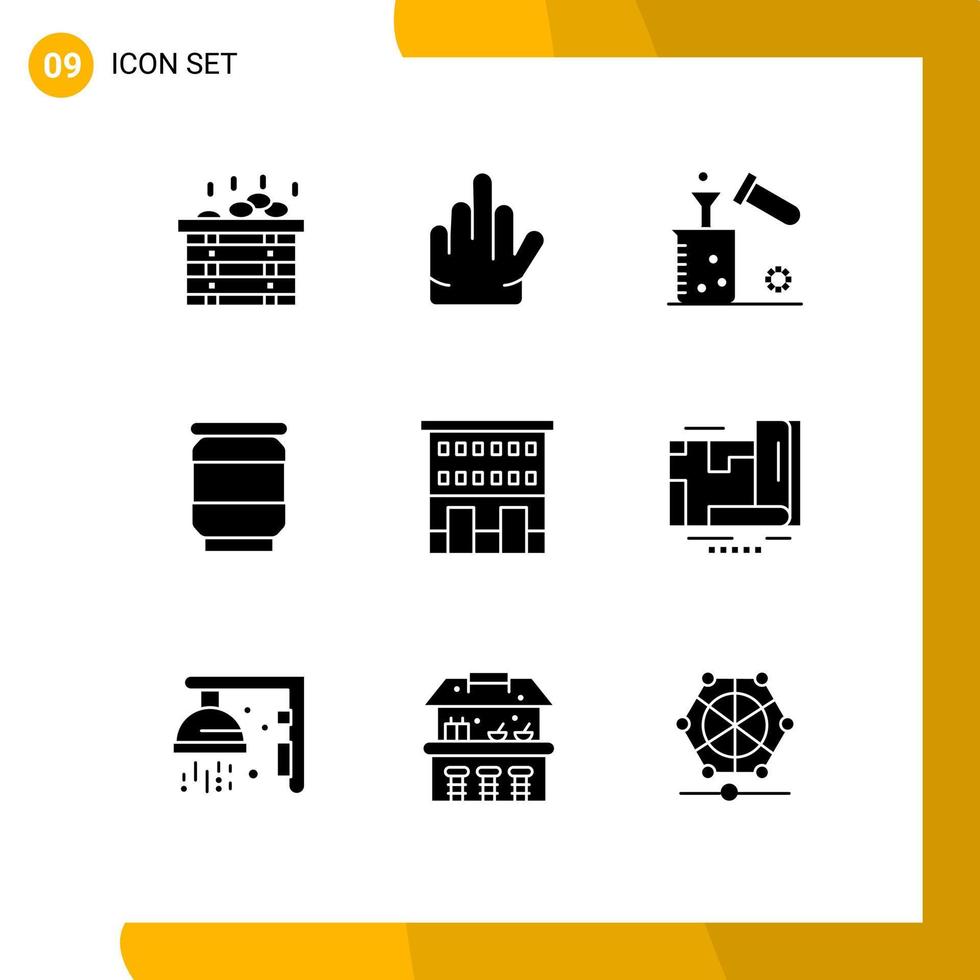 conjunto de pictogramas de 9 glifos sólidos simples de prédios de química de fachada de loja podem elementos de design vetorial editáveis vetor