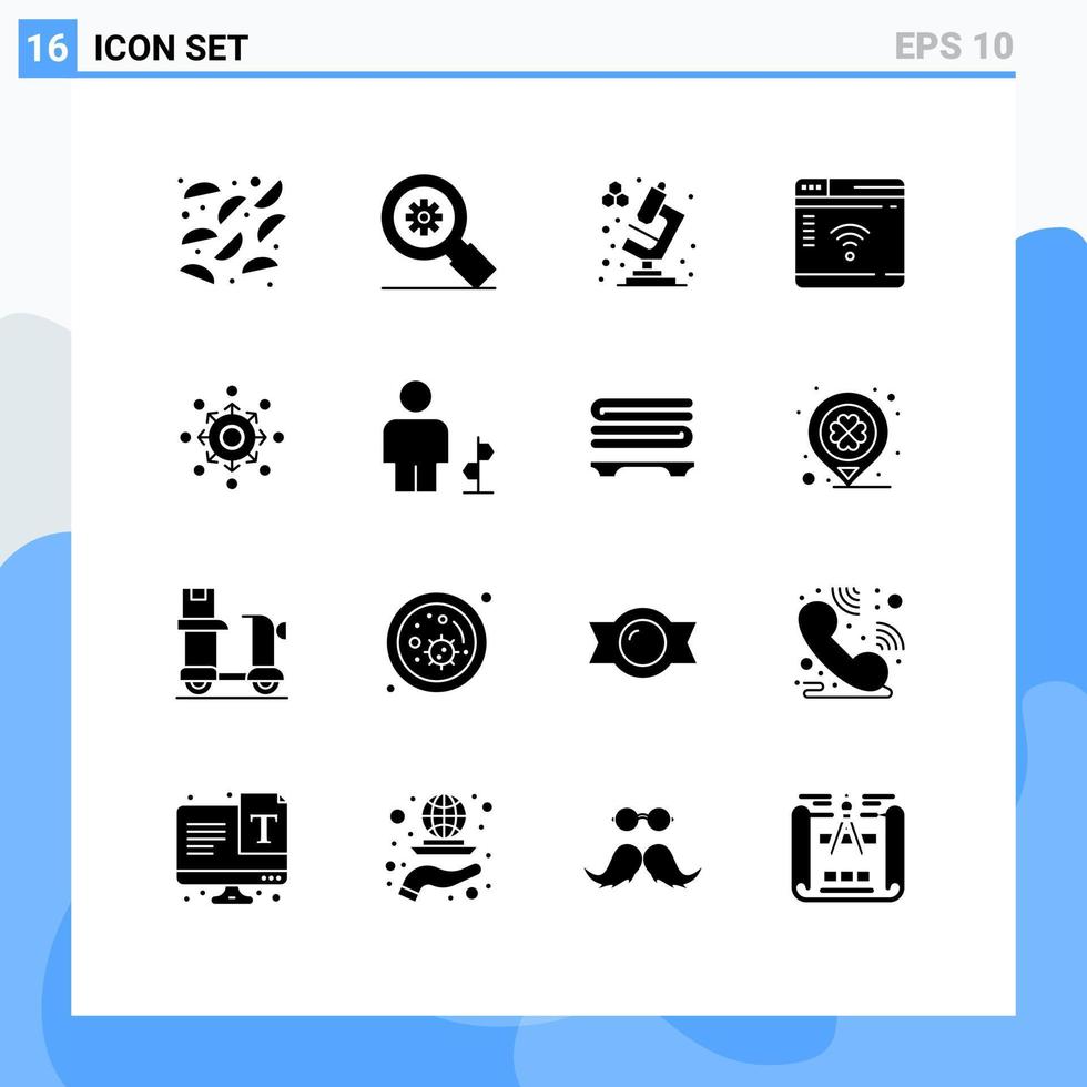grupo de 16 sinais e símbolos de glifos sólidos para elementos de design de vetores editáveis de roteador de rede de microscópio de seta de equipe