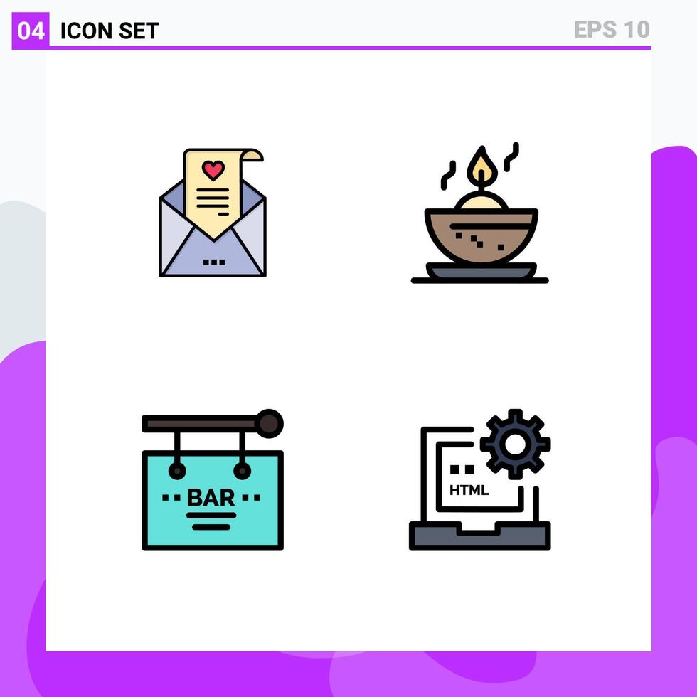 4 interface de usuário pacote de cores planas de linha cheia de sinais e símbolos modernos de cartão de casamento de celebração de correio vela em elementos de design de vetor editável de sinal de tigela