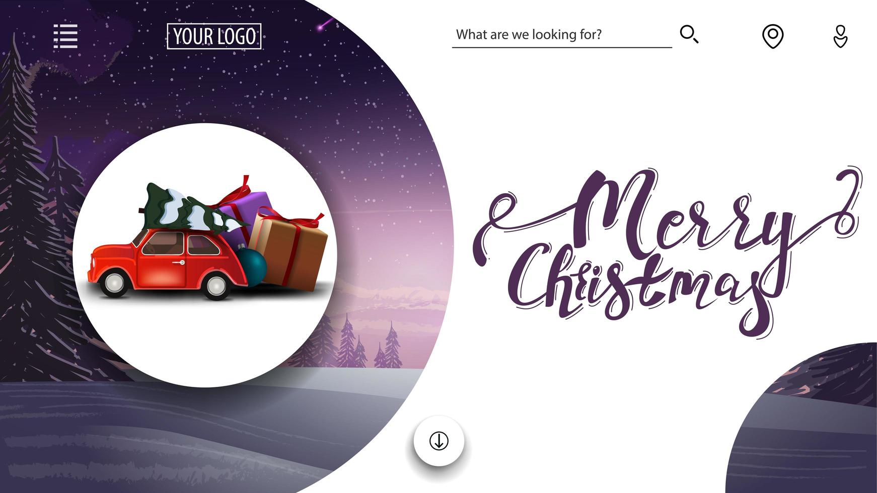 Feliz Natal, cartão roxo e branco para site com paisagem de inverno e carro vintage vermelho com árvore de Natal vetor