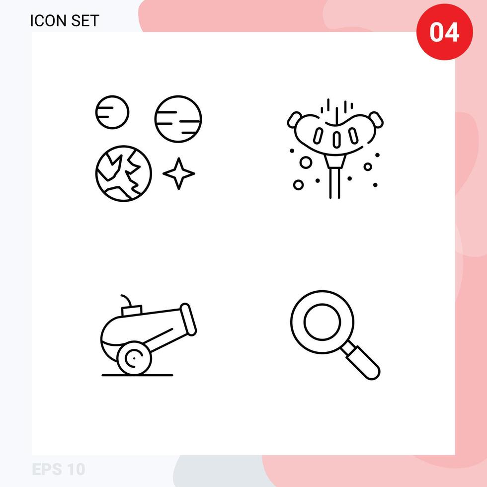 Pacote de 4 linhas de interface de usuário de sinais e símbolos modernos de elementos de design de vetores editáveis de pesquisa de salsicha de espaço de arma do planeta