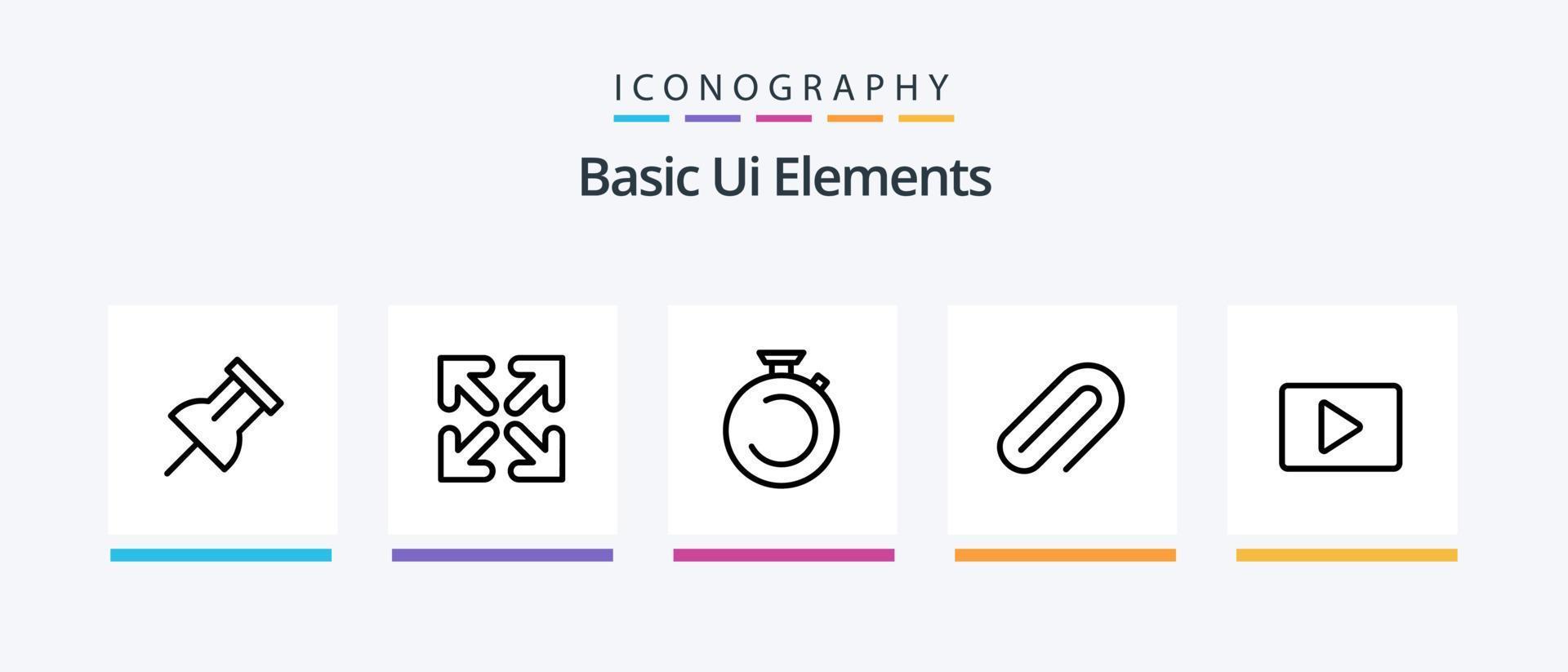 pacote básico de ícones da linha 5 de elementos da interface do usuário, incluindo mídia. assistir. papel. cronômetro. relógio. design de ícones criativos vetor