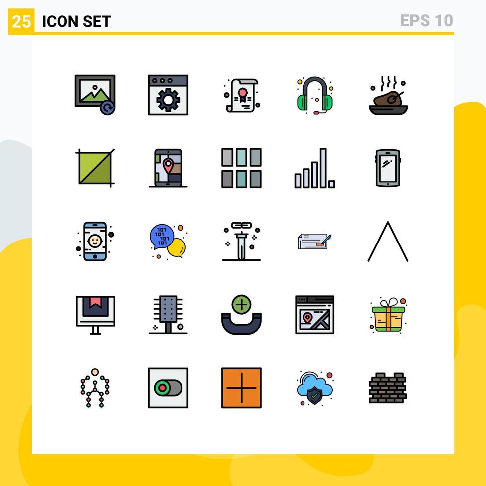 pacote de interface do usuário de 25 cores planas de linha preenchida básica de elementos de design de vetores editáveis de fone de ouvido de jantar de escola de comida assada