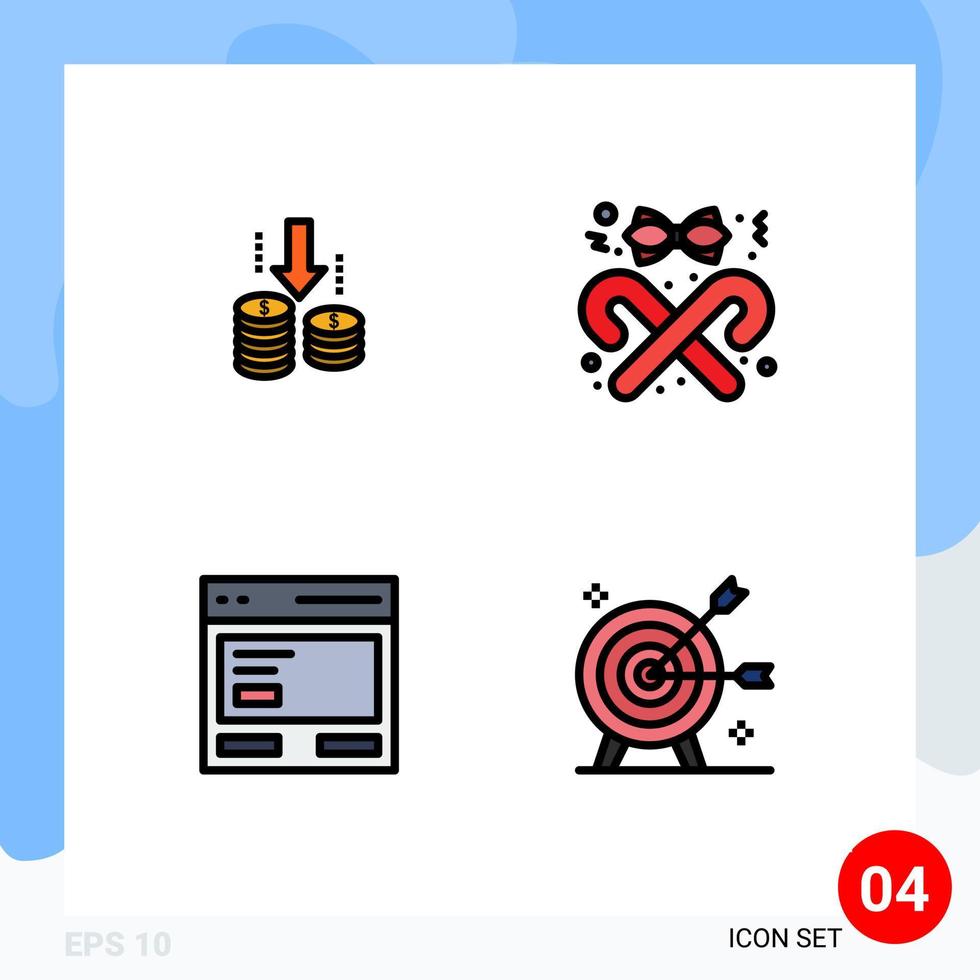 conjunto de cores planas de linha preenchida de interface móvel de 4 pictogramas de análise de ação de dinheiro doces comunicação elementos de design de vetores editáveis