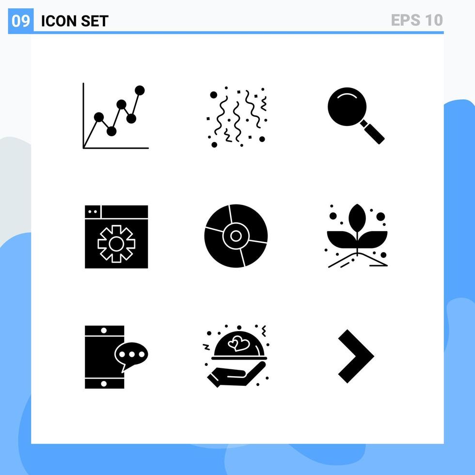 conjunto de glifos sólidos de interface móvel de 9 pictogramas de produtos, dispositivos de aparência de disco, design de elementos de design de vetores editáveis
