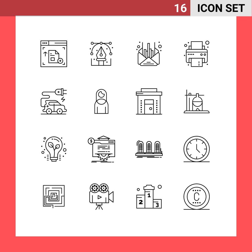 pacote de linha vetorial editável de 16 contornos simples de veículo elétrico tecnologia automotiva dispositivo de impressora de correio elementos de design vetorial editável vetor