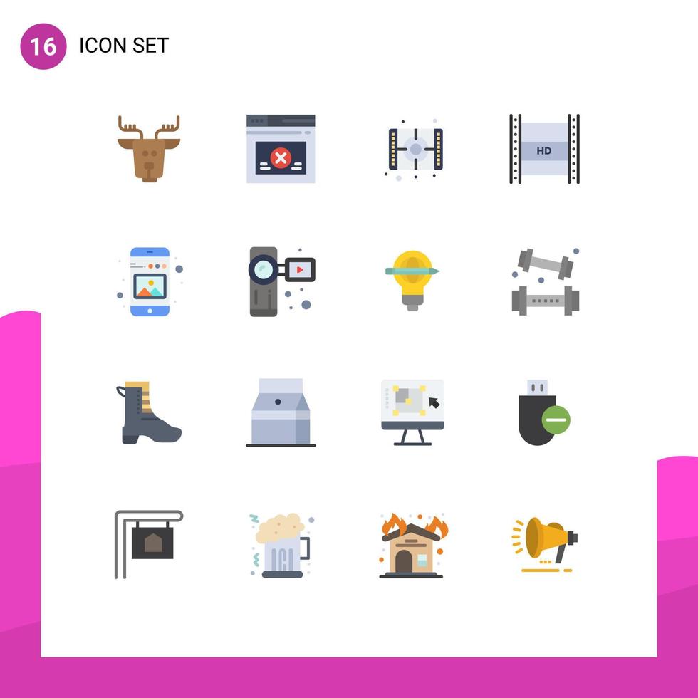 conjunto de cores planas de interface móvel de 16 pictogramas de definição de vídeo hd streaming de filme hd em filmagem pacote editável de transmissão de vídeo digital de elementos de design de vetores criativos