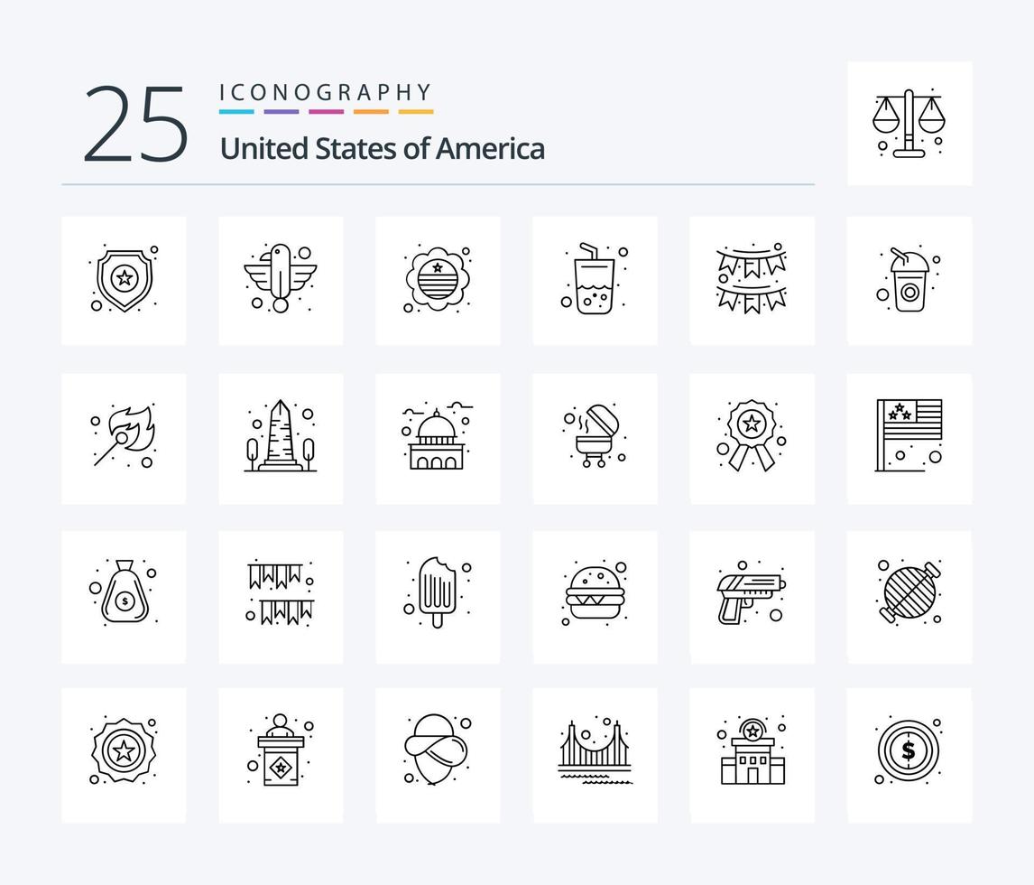 Pacote de ícones de 25 linhas dos EUA, incluindo americano. verão. estado. bebida. distintivo vetor